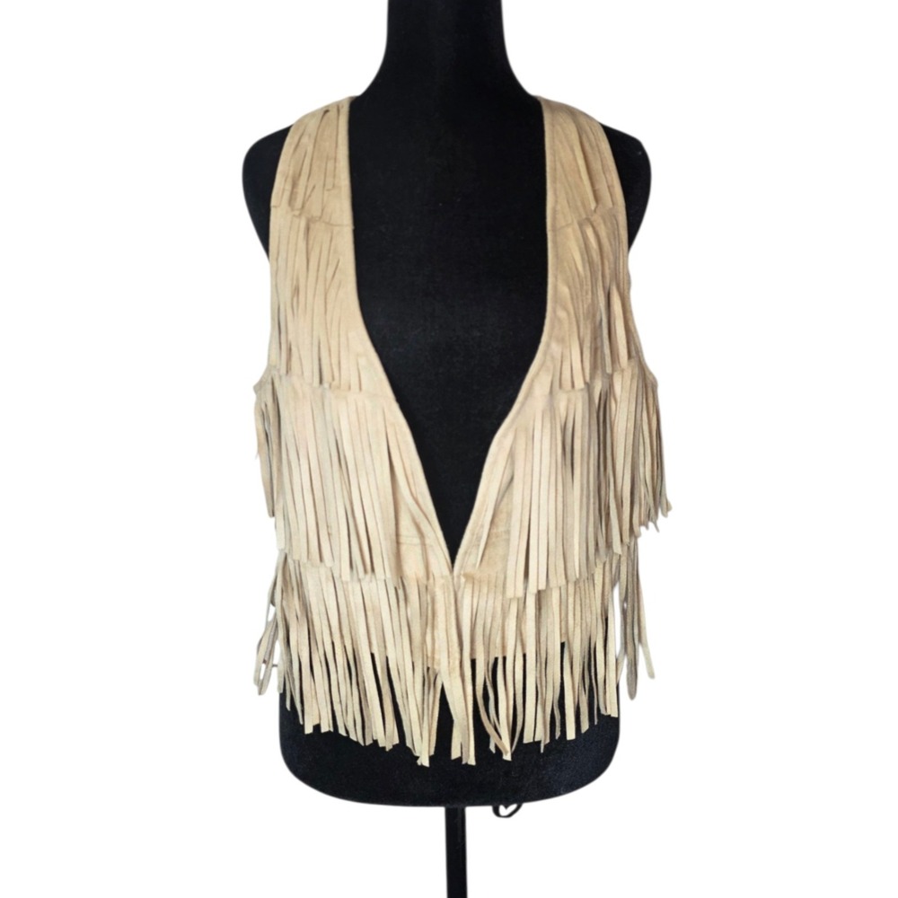 Womens Beige Faux Suede Fringe Vest Boho Western Festival Cowgirl L